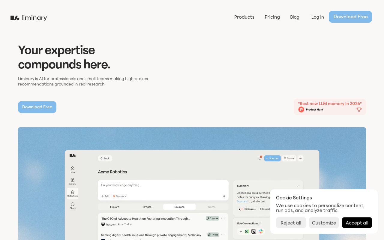 Screenshot of the Liminary homepage