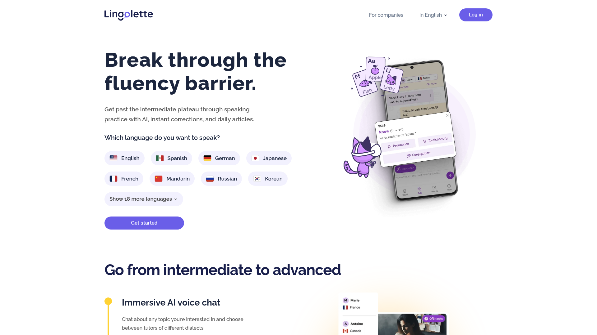 Screenshot of the Lingolette homepage