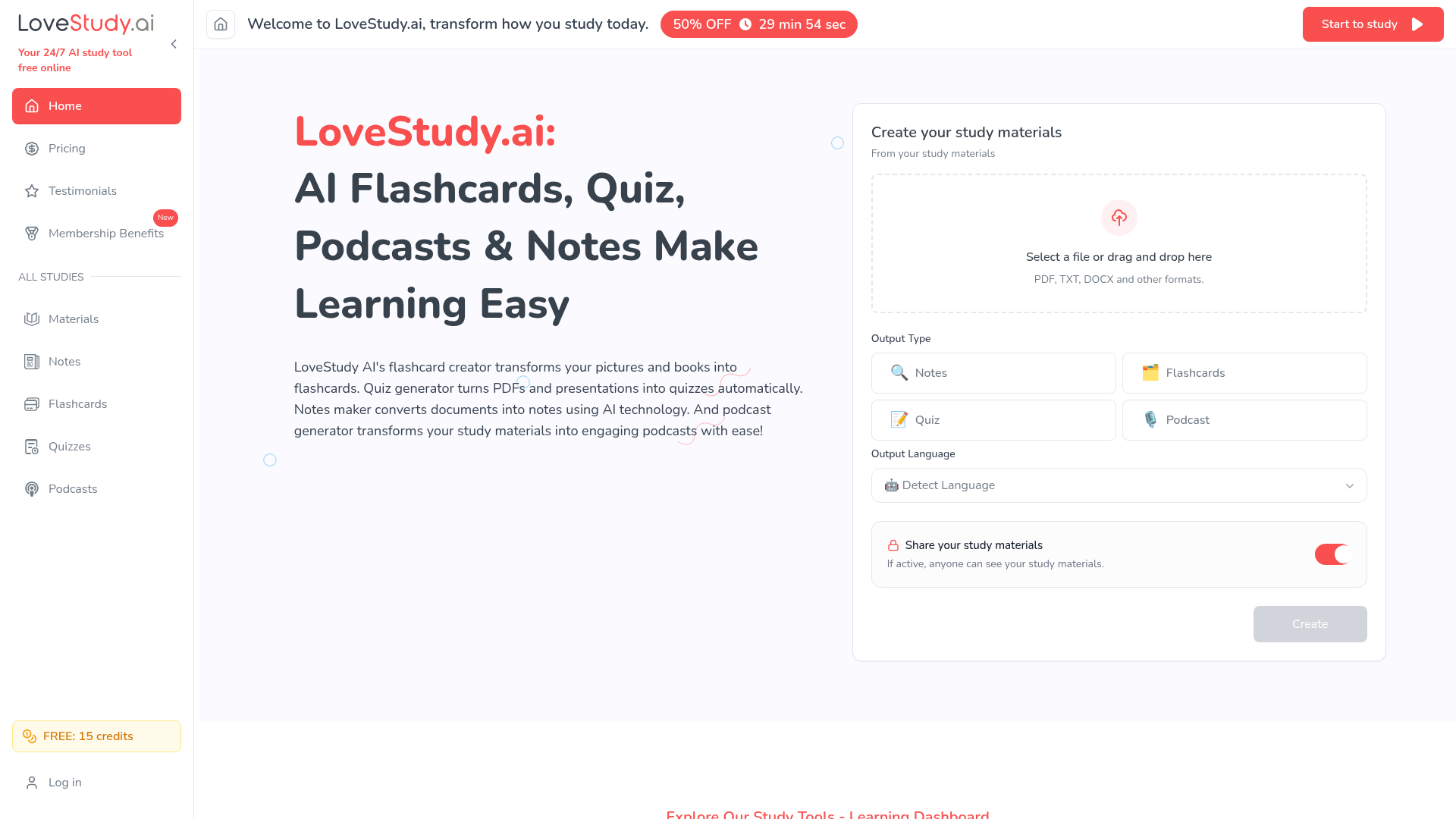 Screenshot of the LoveStudy.ai homepage