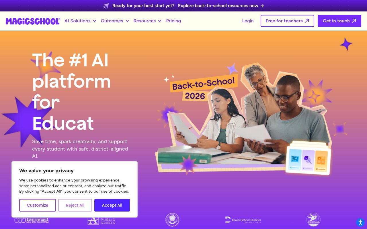 Screenshot of the MagicSchool homepage