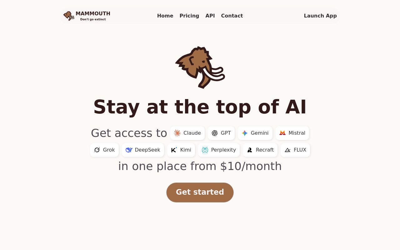 Screenshot of the Mammouth AI homepage