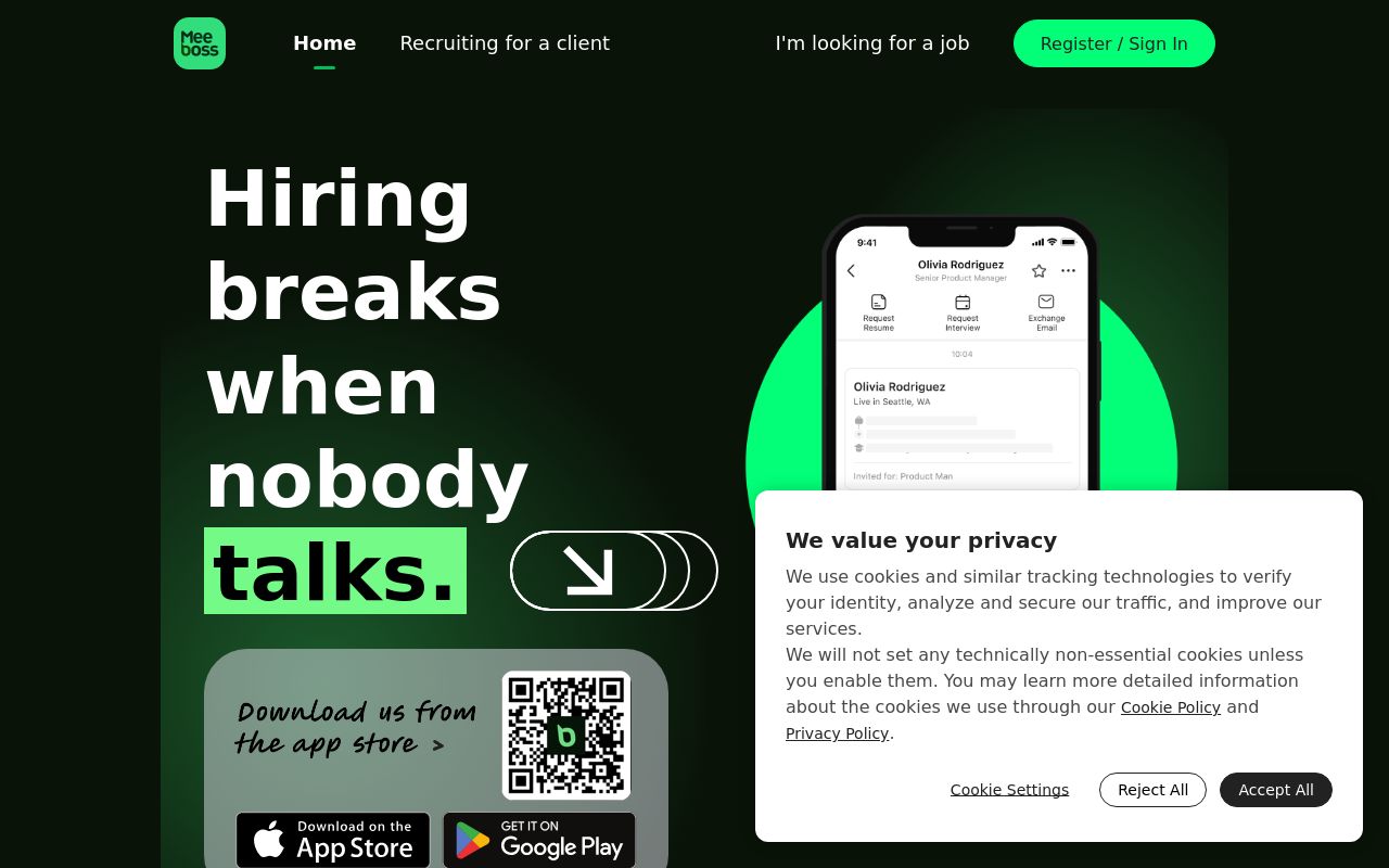 Screenshot of the MeeBoss homepage