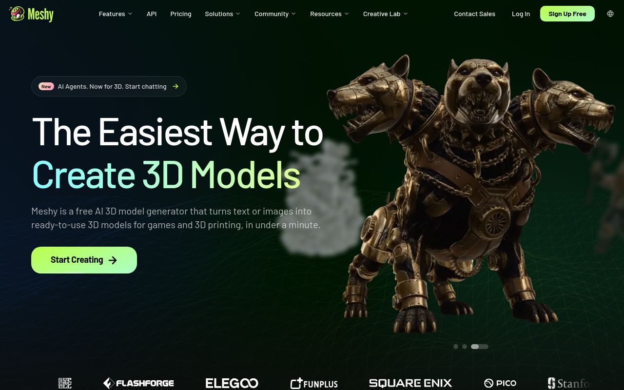 Screenshot of the Meshy homepage