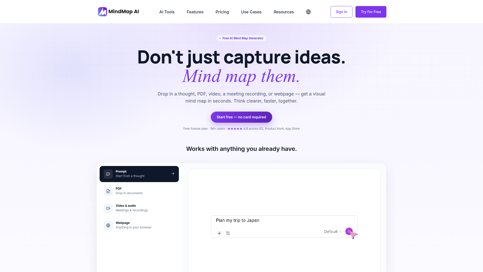 Screenshot of the MindMap AI homepage