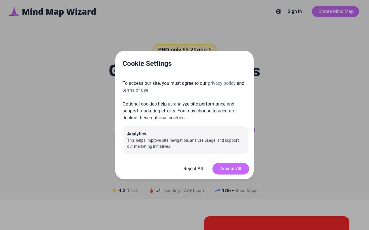 Screenshot of the Mind Map Wizard homepage