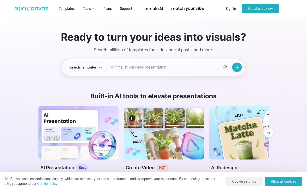 Screenshot of the MiriCanvas homepage