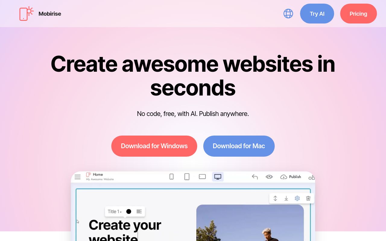 Screenshot of the Mobirise homepage