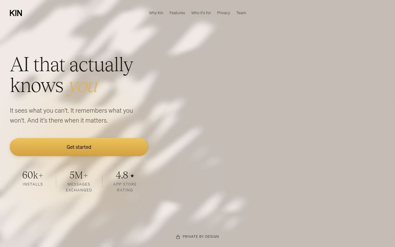 Screenshot of the Kin homepage