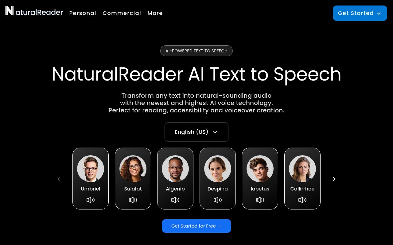 Screenshot of the NaturalReader homepage
