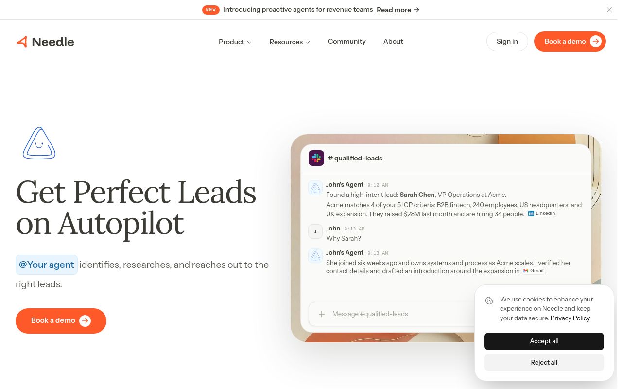 Screenshot of the Needle homepage
