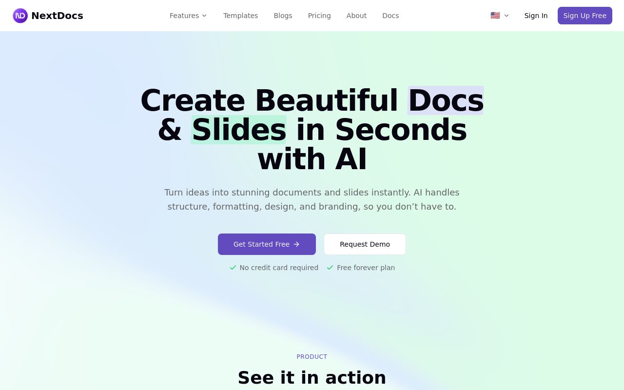 Screenshot of the NextDocs homepage
