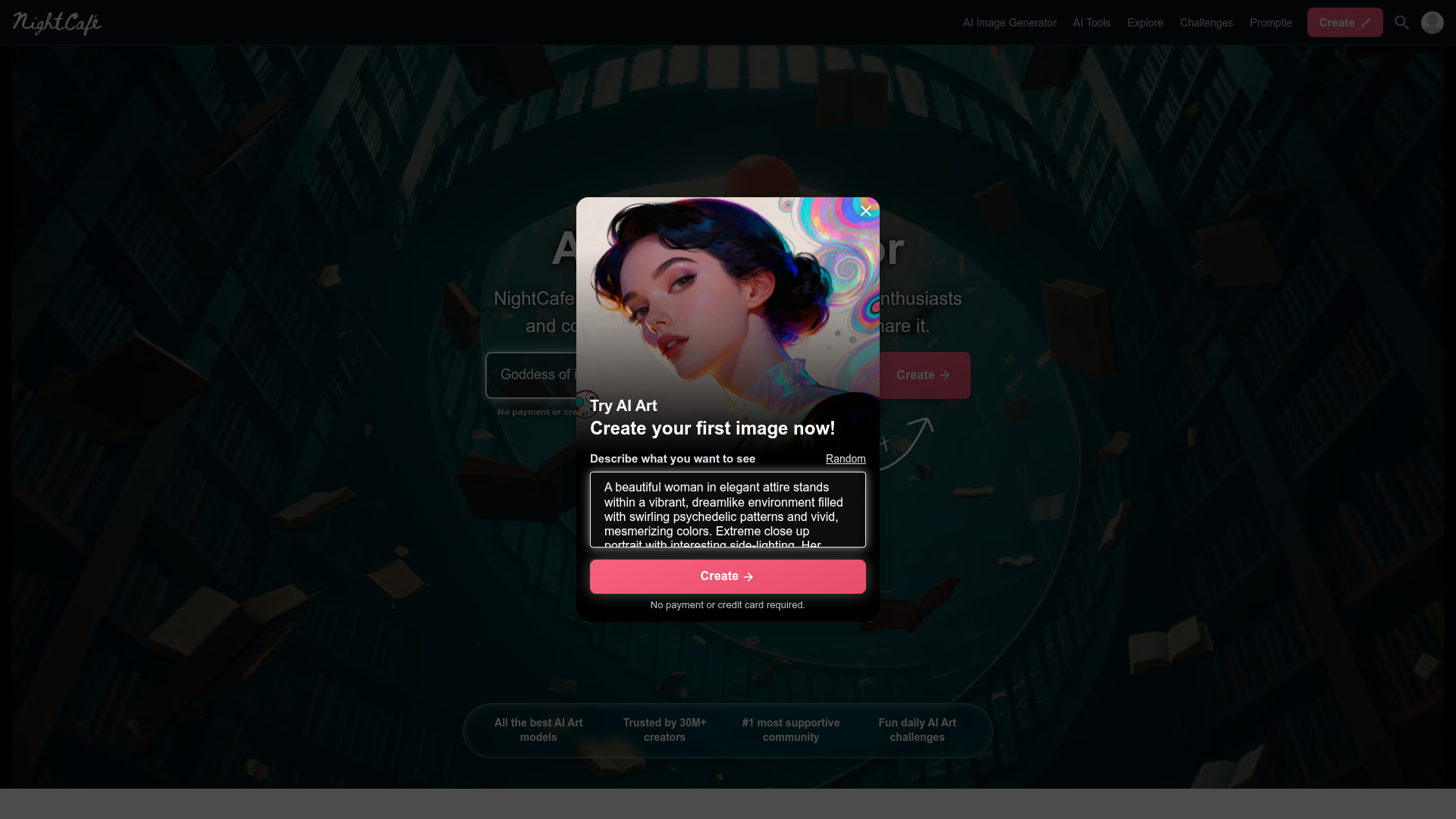Screenshot of the NightCafe homepage
