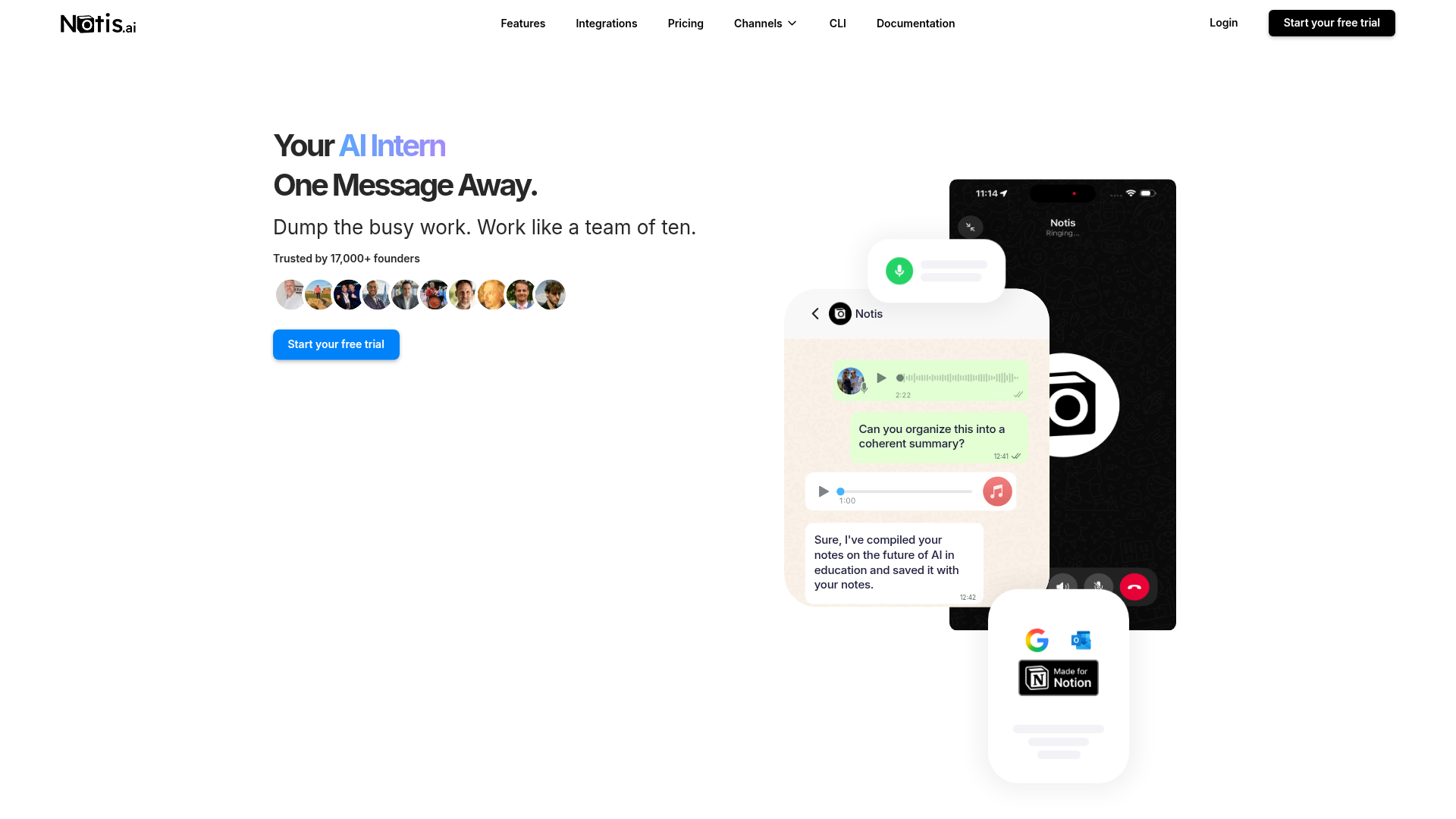 Screenshot of the Notis homepage