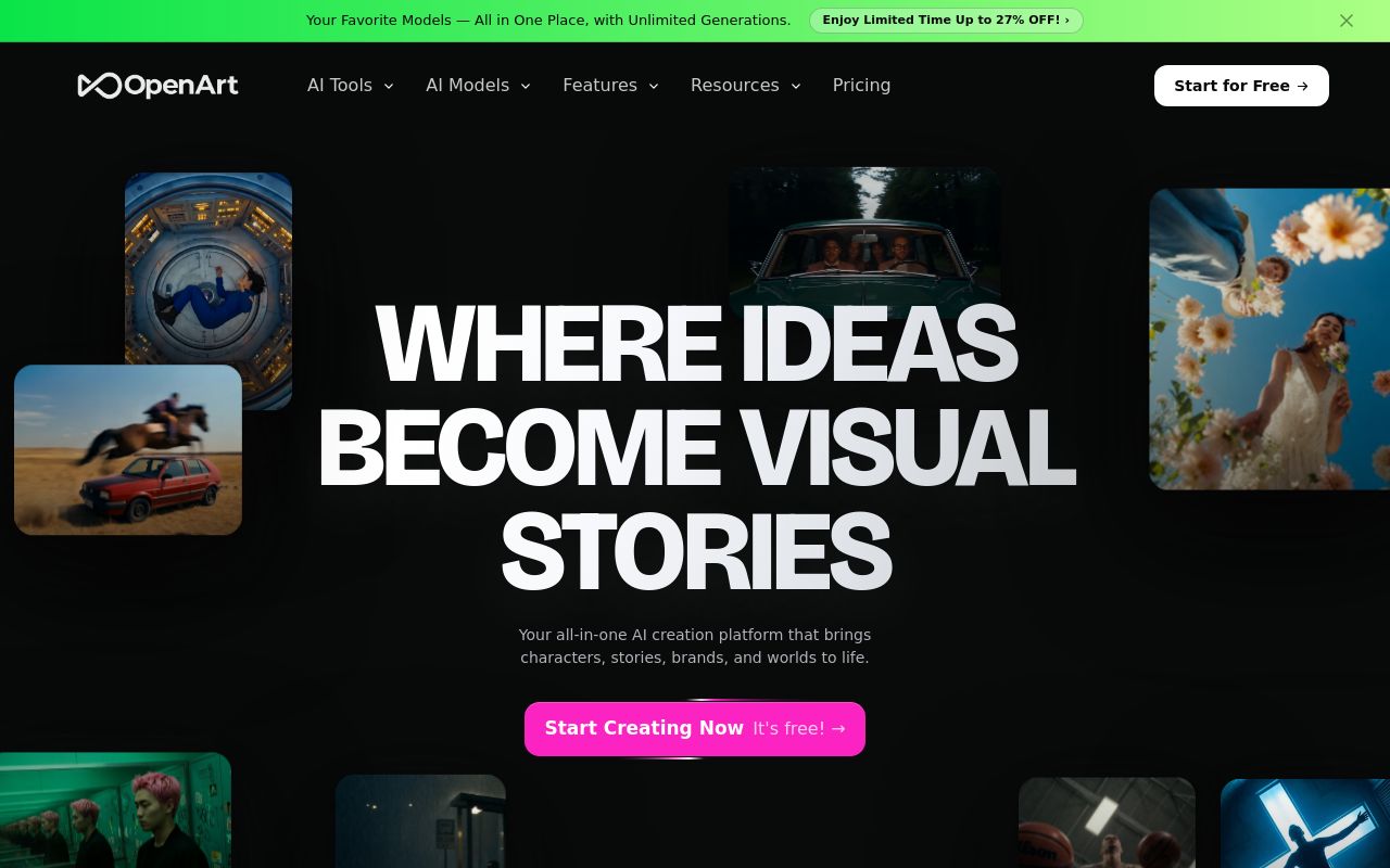 Screenshot of the OpenArt homepage