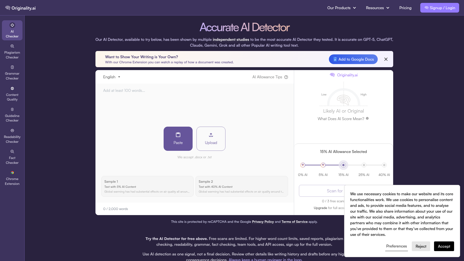 Screenshot of the Originality.ai homepage