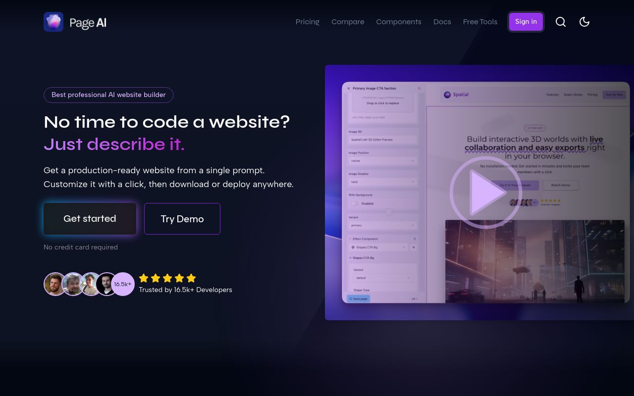 Screenshot of the PageAI homepage