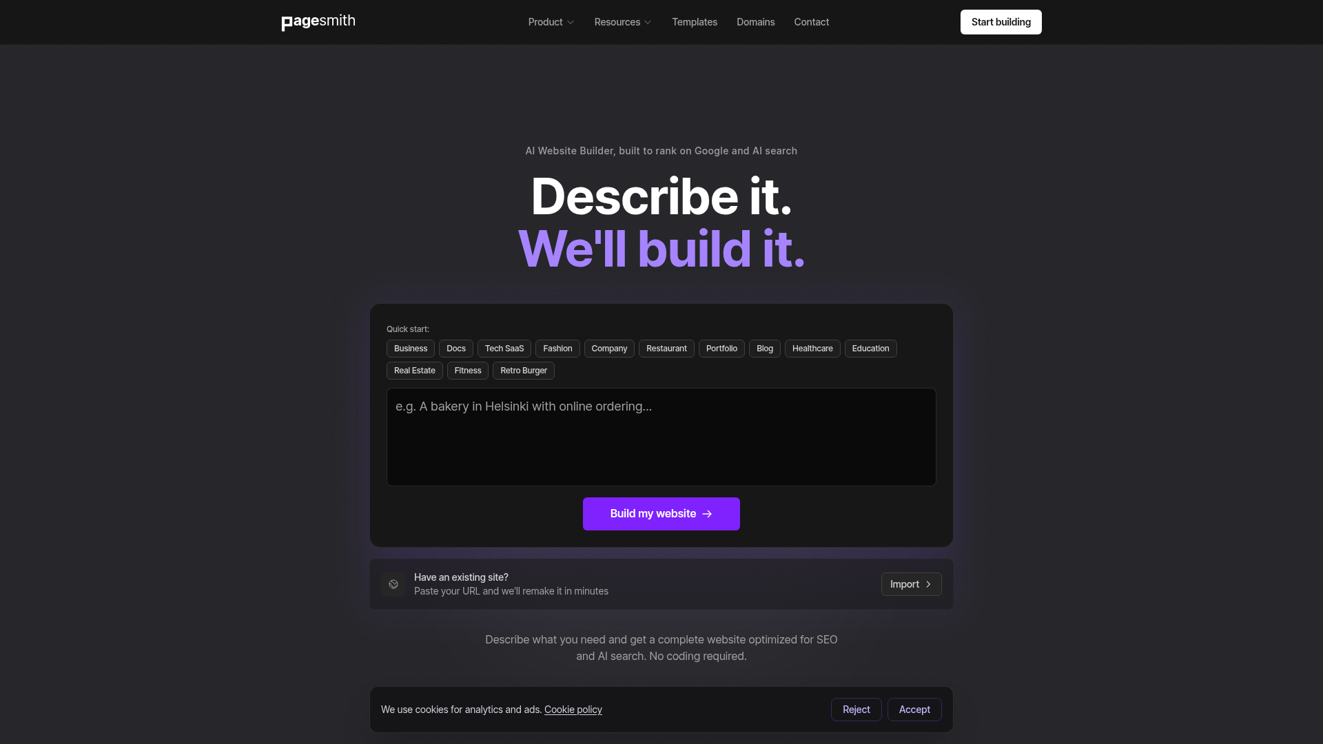 Screenshot of the Pagesmith homepage