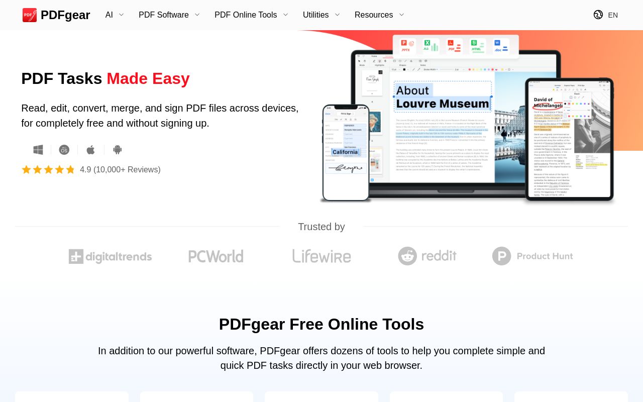 Screenshot of the PDFgear homepage