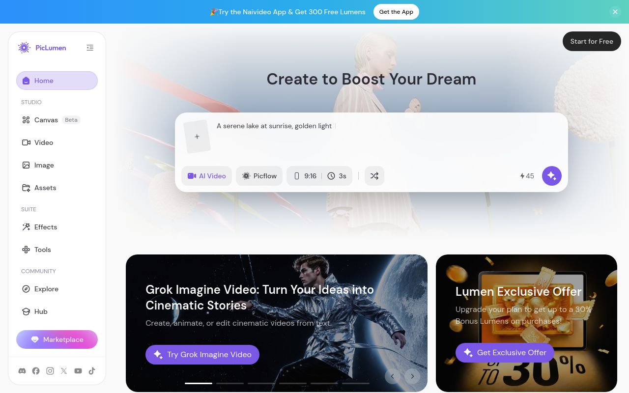 Screenshot of the PicLumen homepage