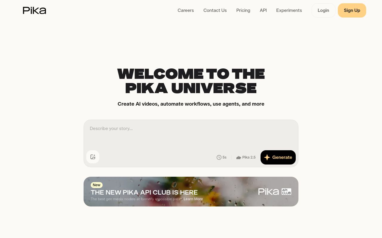 Screenshot of the Pika homepage