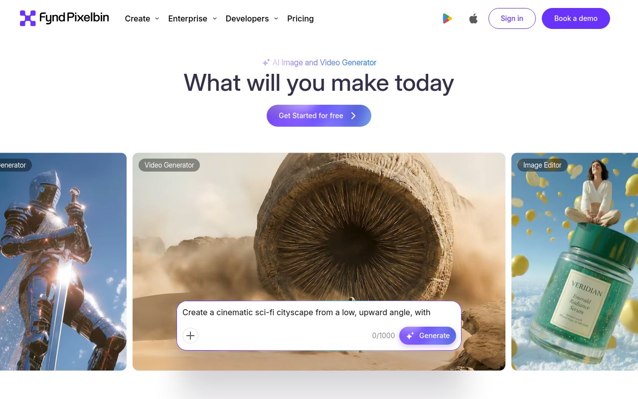 Screenshot of the PixelBin homepage
