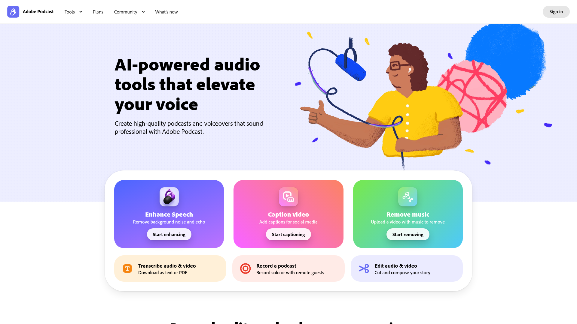 Screenshot of the Adobe Podcast homepage