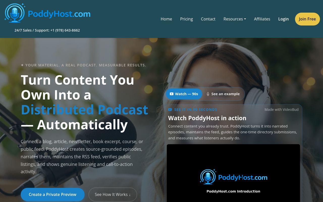 Screenshot of the PoddyHost homepage