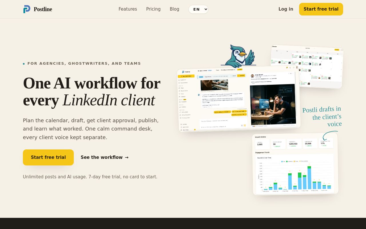 Screenshot of the Postline homepage