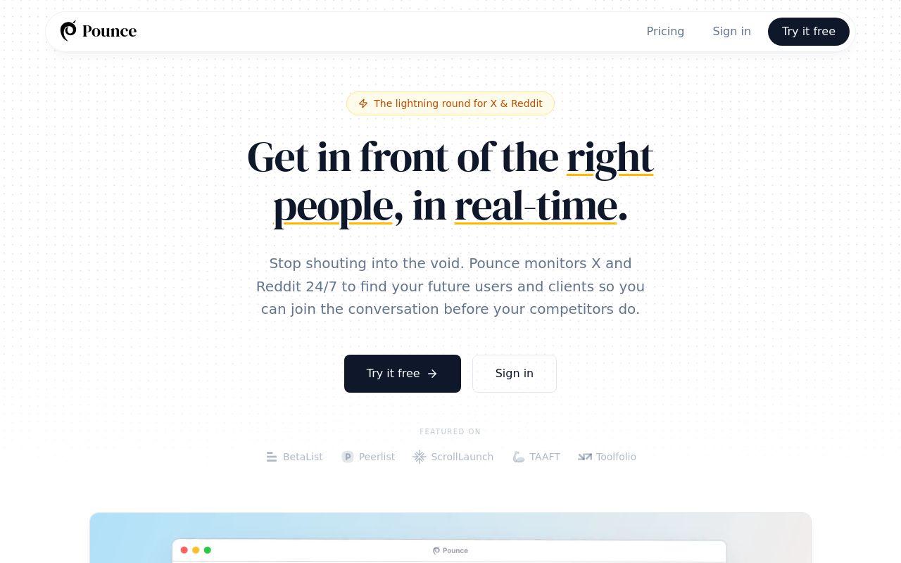 Screenshot of the Pounce homepage