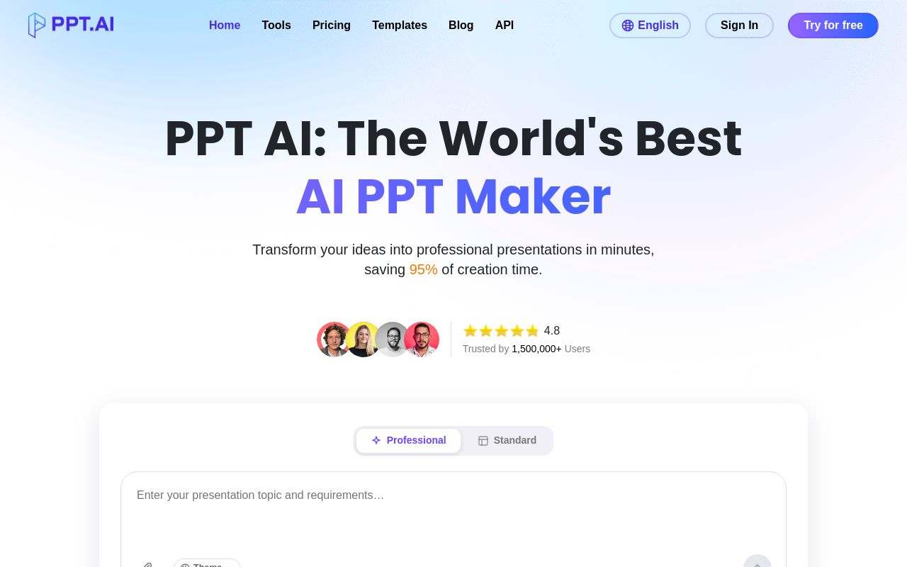 Screenshot of the PPT.AI homepage