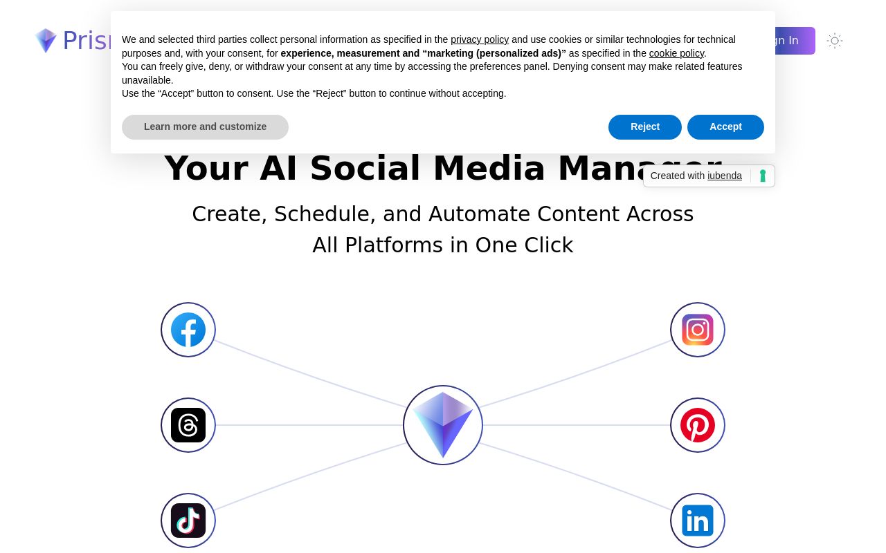 Screenshot of the Prismix homepage