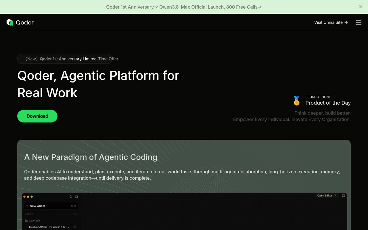 Screenshot of the Qoder homepage