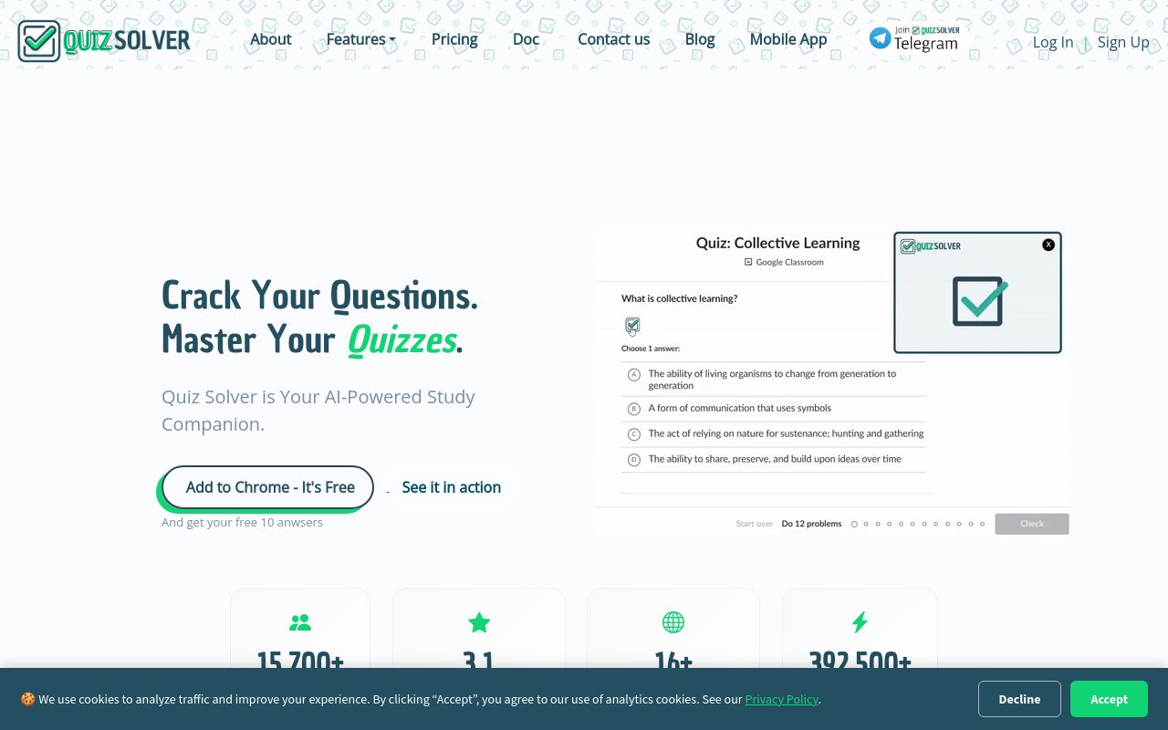 Screenshot of the Quiz Solver AI homepage