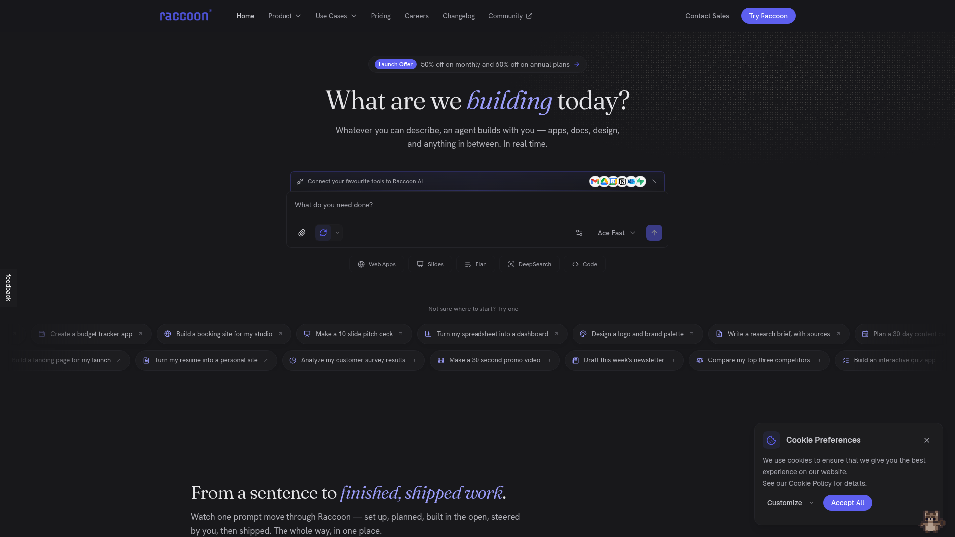 Screenshot of the Raccoon AI homepage