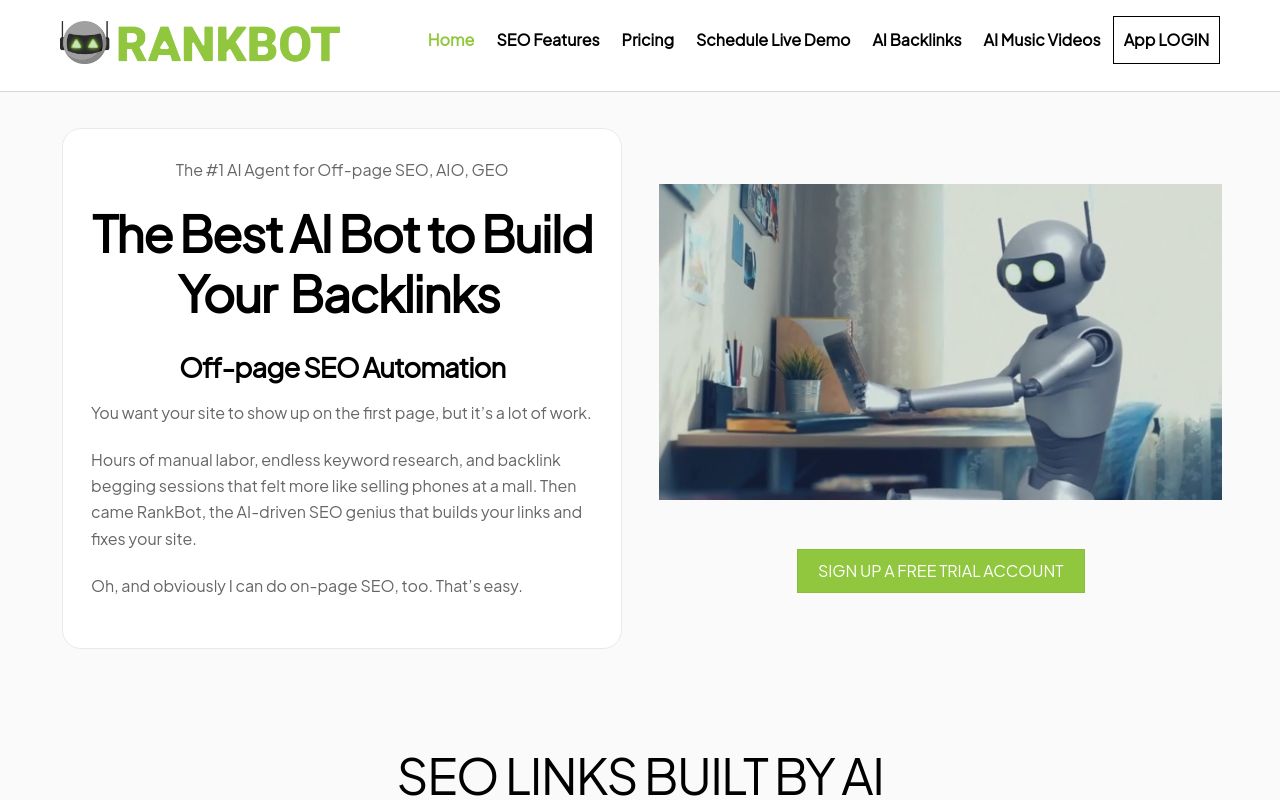 Screenshot of the RankBot homepage