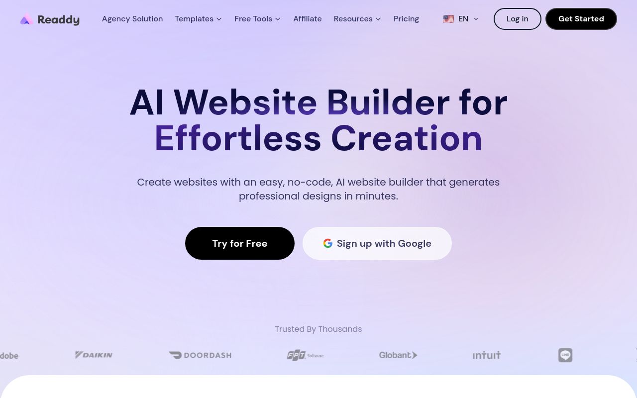 Screenshot of the Readdy homepage