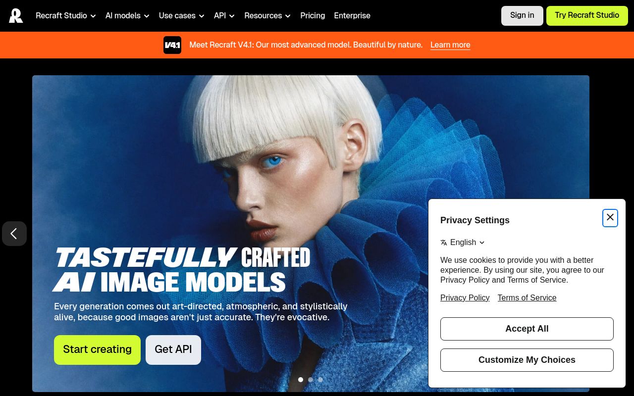 Screenshot of the Recraft homepage