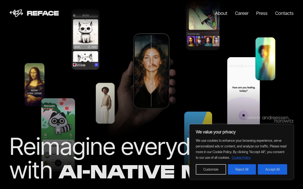 Screenshot of the Reface homepage