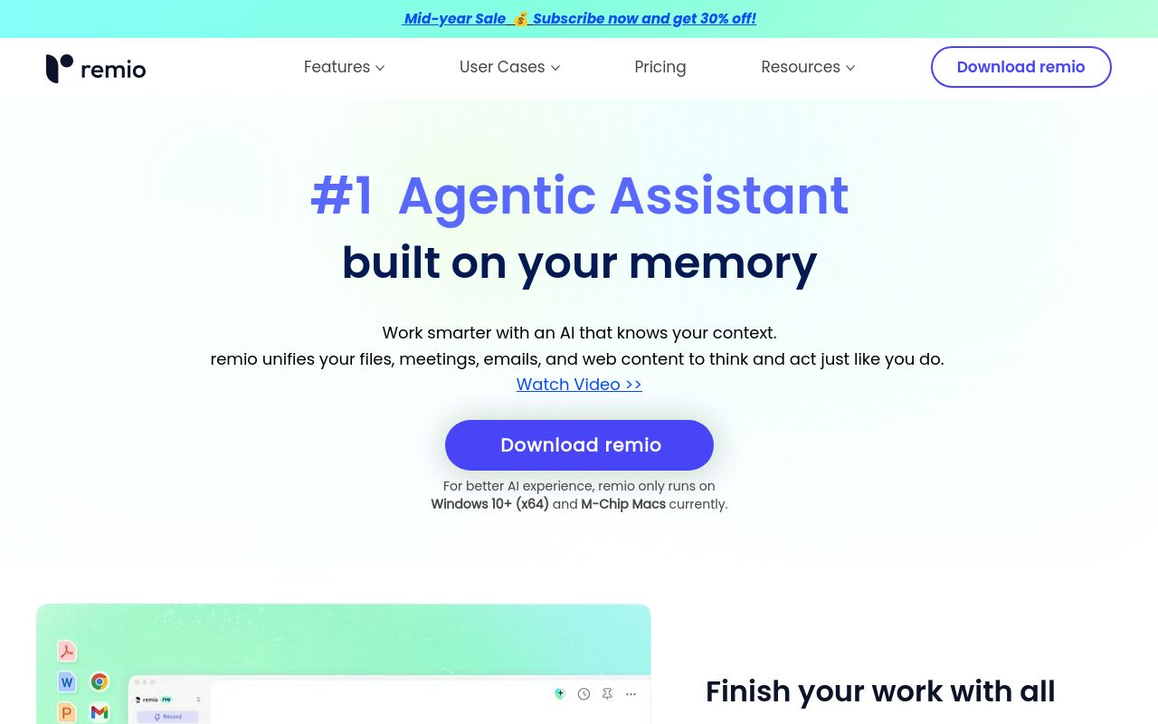 Screenshot of the remio homepage