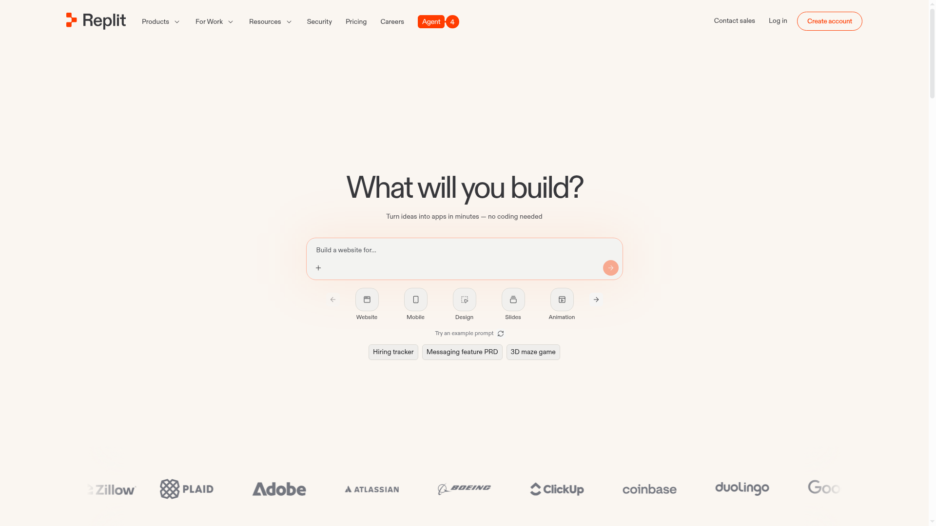 Screenshot of the Replit homepage
