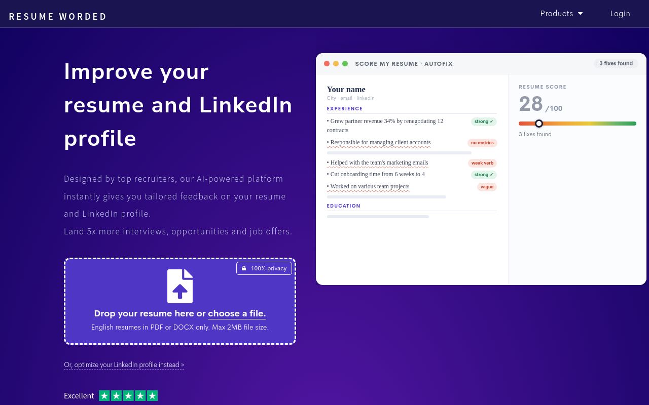 Screenshot of the Resume Worded homepage