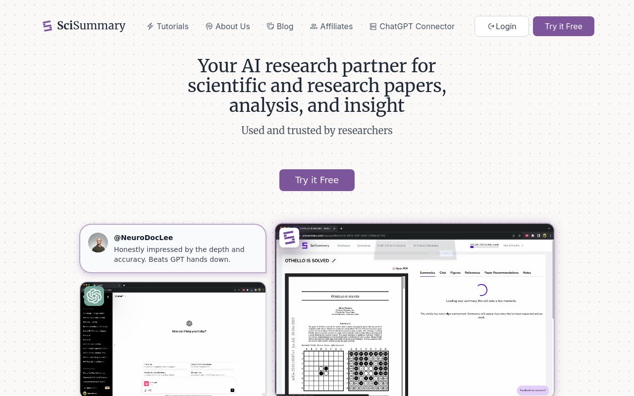 Screenshot of the SciSummary homepage