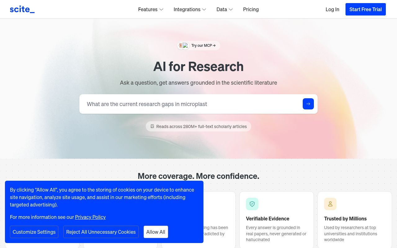 Screenshot of the scite homepage