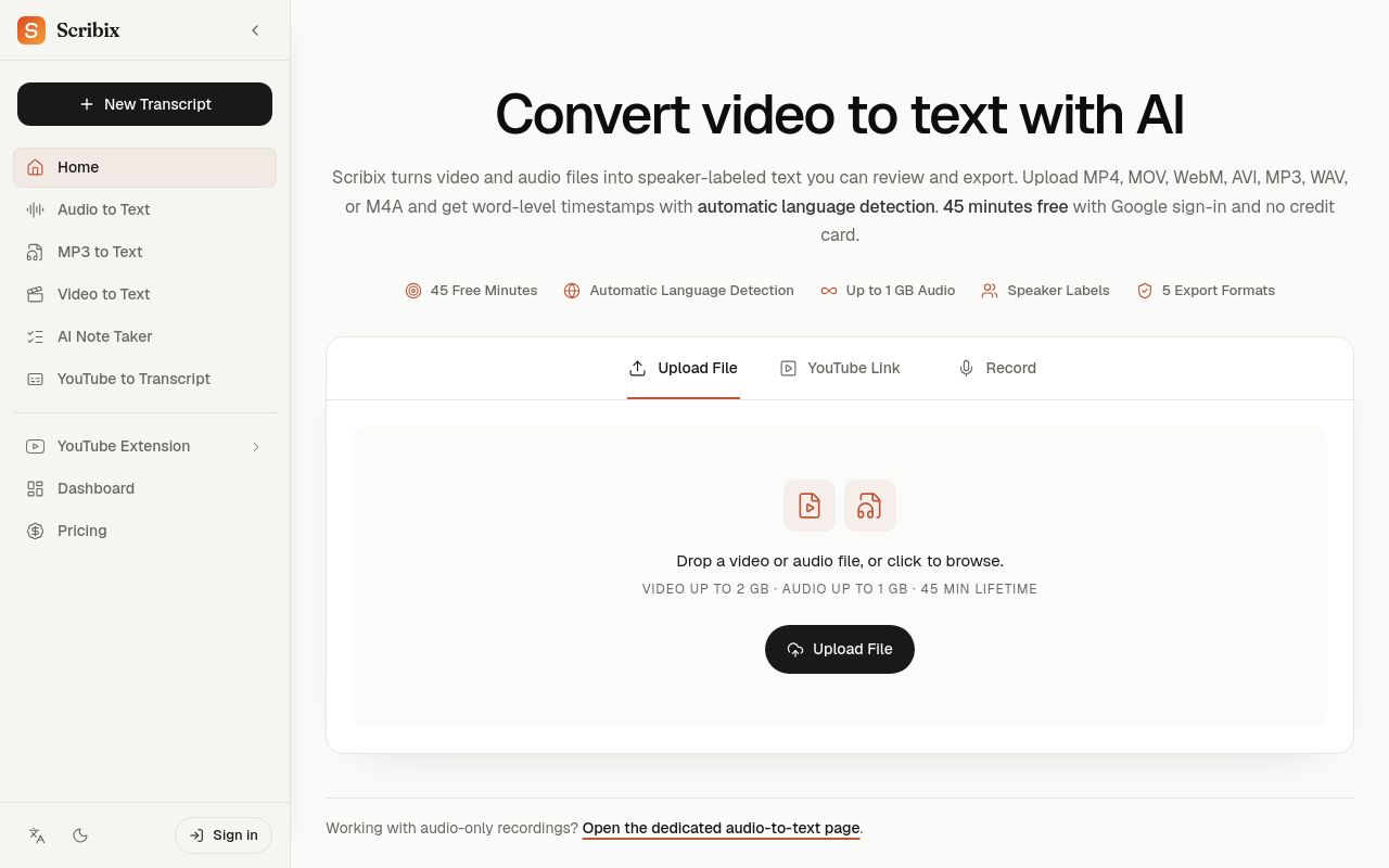 Screenshot of the Scribix homepage