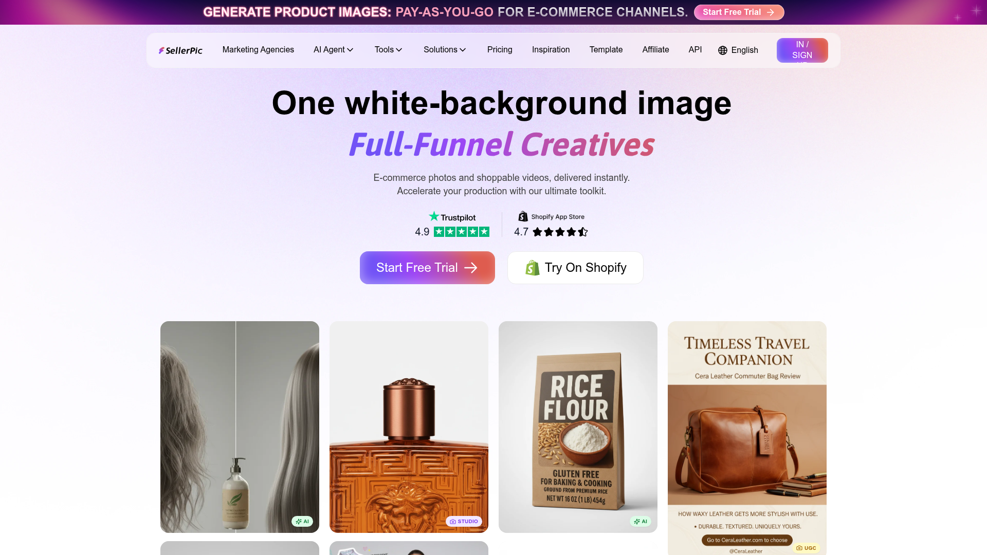 Screenshot of the SellerPic homepage
