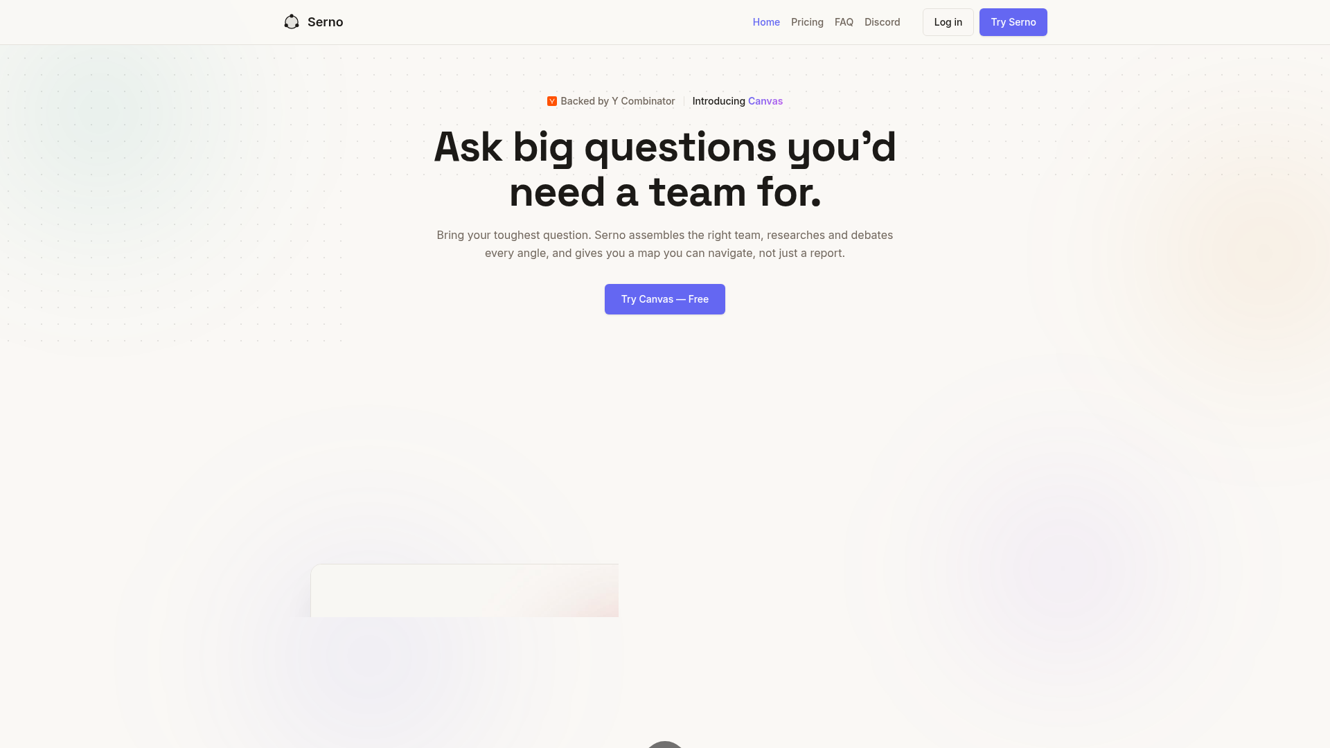 Screenshot of the Serno homepage