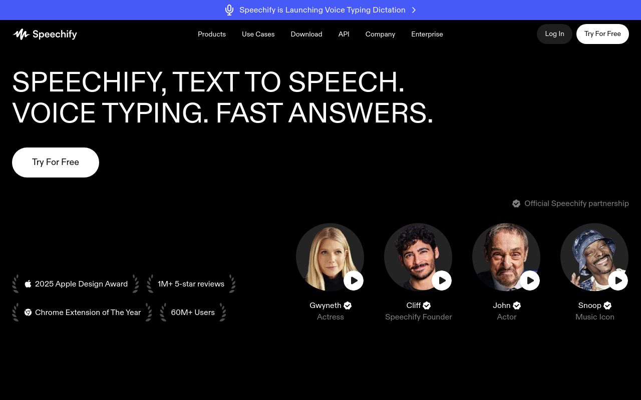 Screenshot of the Speechify homepage