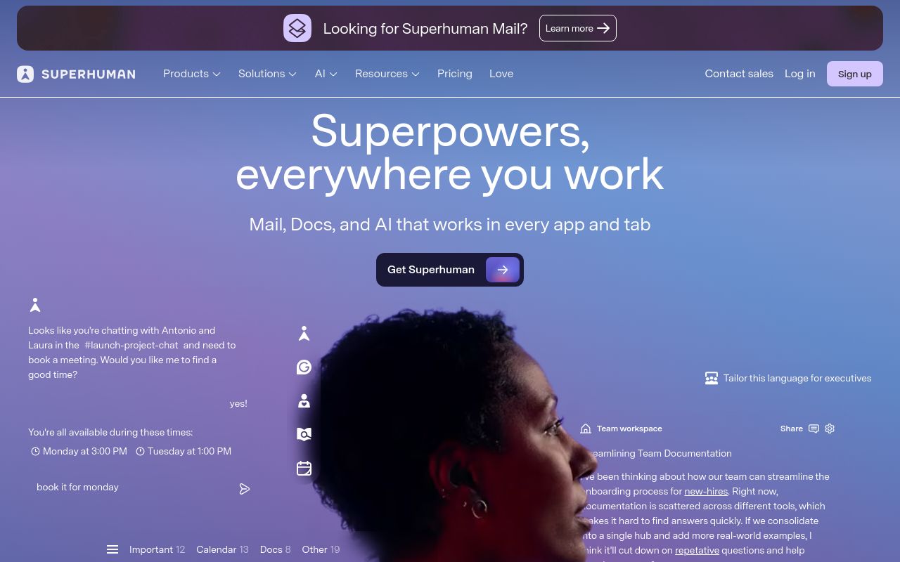Screenshot of the Superhuman homepage