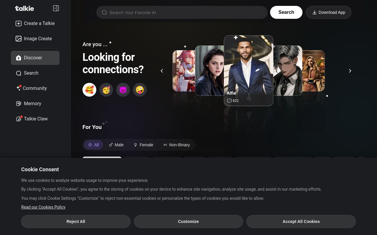 Screenshot of the Talkie homepage