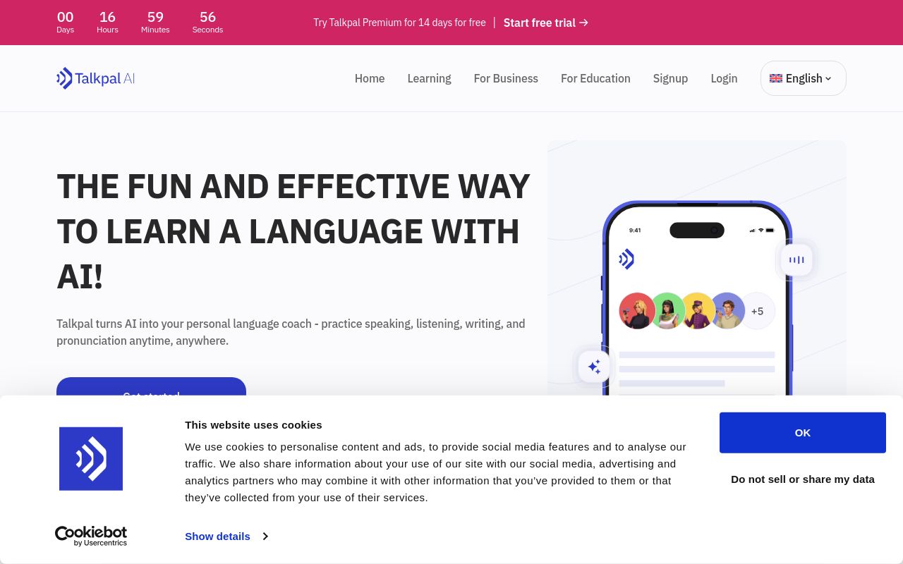 Screenshot of the Talkpal homepage